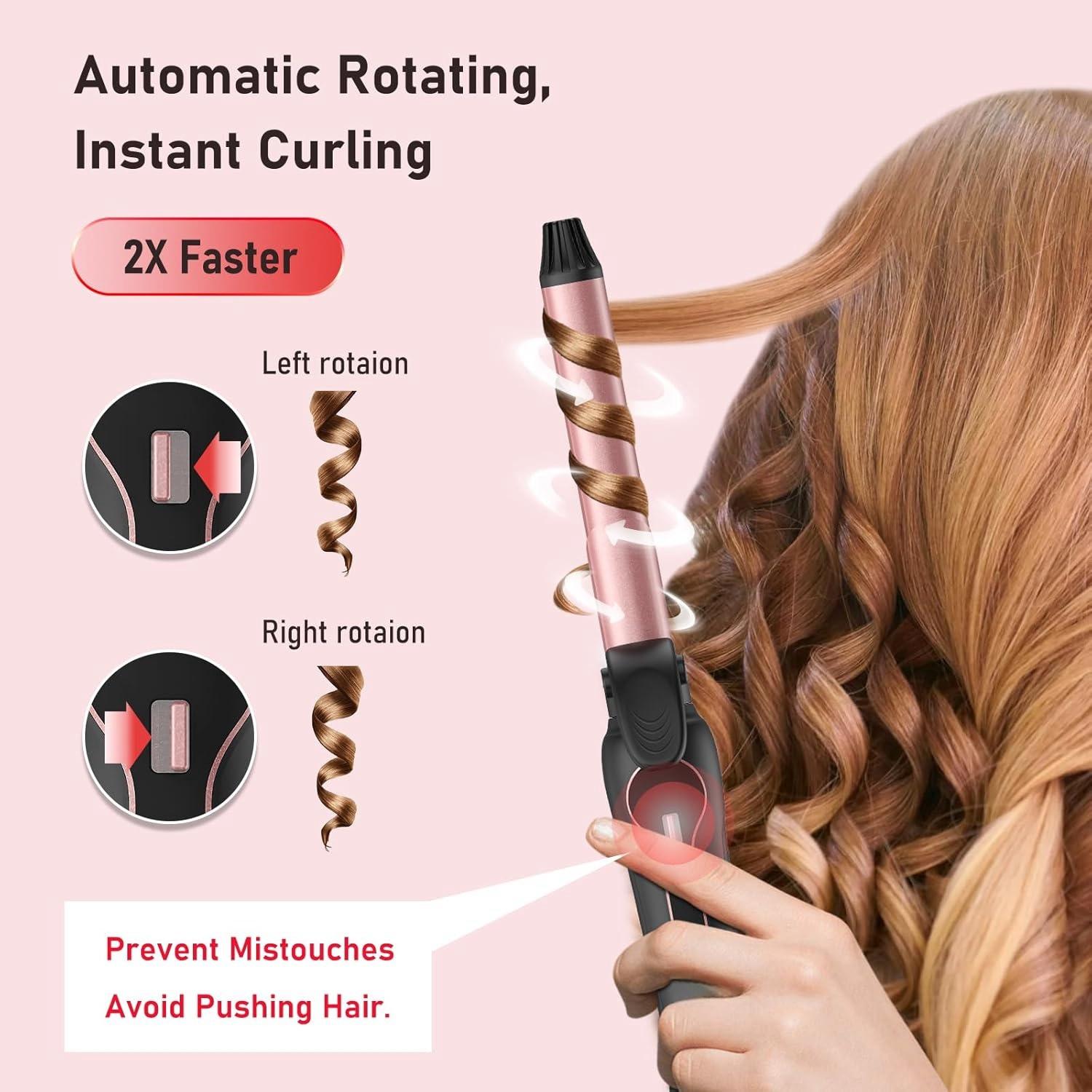 Rotating Curling Iron - An automatic curling iron with dual voltage that is suitable for all hair types. It's a fast and effortless auto curling wand which heats up quickly and features an LCD display with a temperature range from 250°F to 450°F