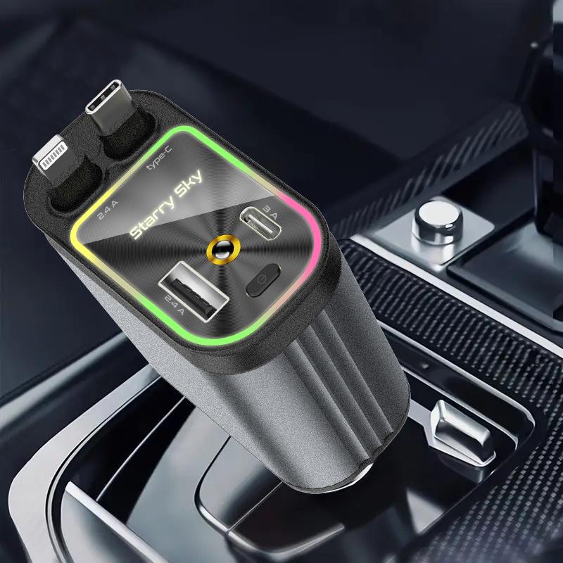 4-in-1 Headliner Fast Charging Retractable Car Charger Starlight Roof Projector with Red and Blue Light, 31-inch Retractable Cable (for Type-C and iOS Devices),- Travel Car Accessories​​