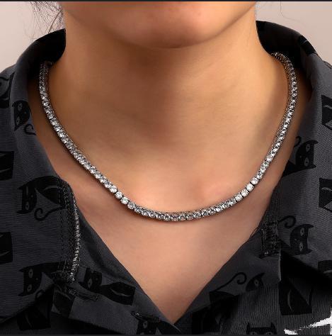 【#N11  live2】3mm Three Prong Inlaid Shiny Synthetic Moissanite Tennis Chain 925 Sterling Silver Necklace Unisex Hip Hop Rap Trend Gift Party