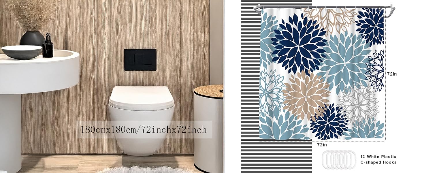 Blue Shower Curtain Dahlia Flower Print Polyester Shower Curtain Bathroom Decor, 72x72inch (deep Blue,tan,Grey,White)