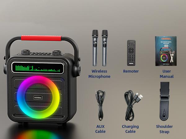 Karaoke Machine 2 Wireless Microphones, Portable Bluetooth Speaker w/PA System for Adults & Kids with LED Lights, Bass/Treble Adjustment, Supports REC/TWS/FM/AUX/USB/IF Card for Party