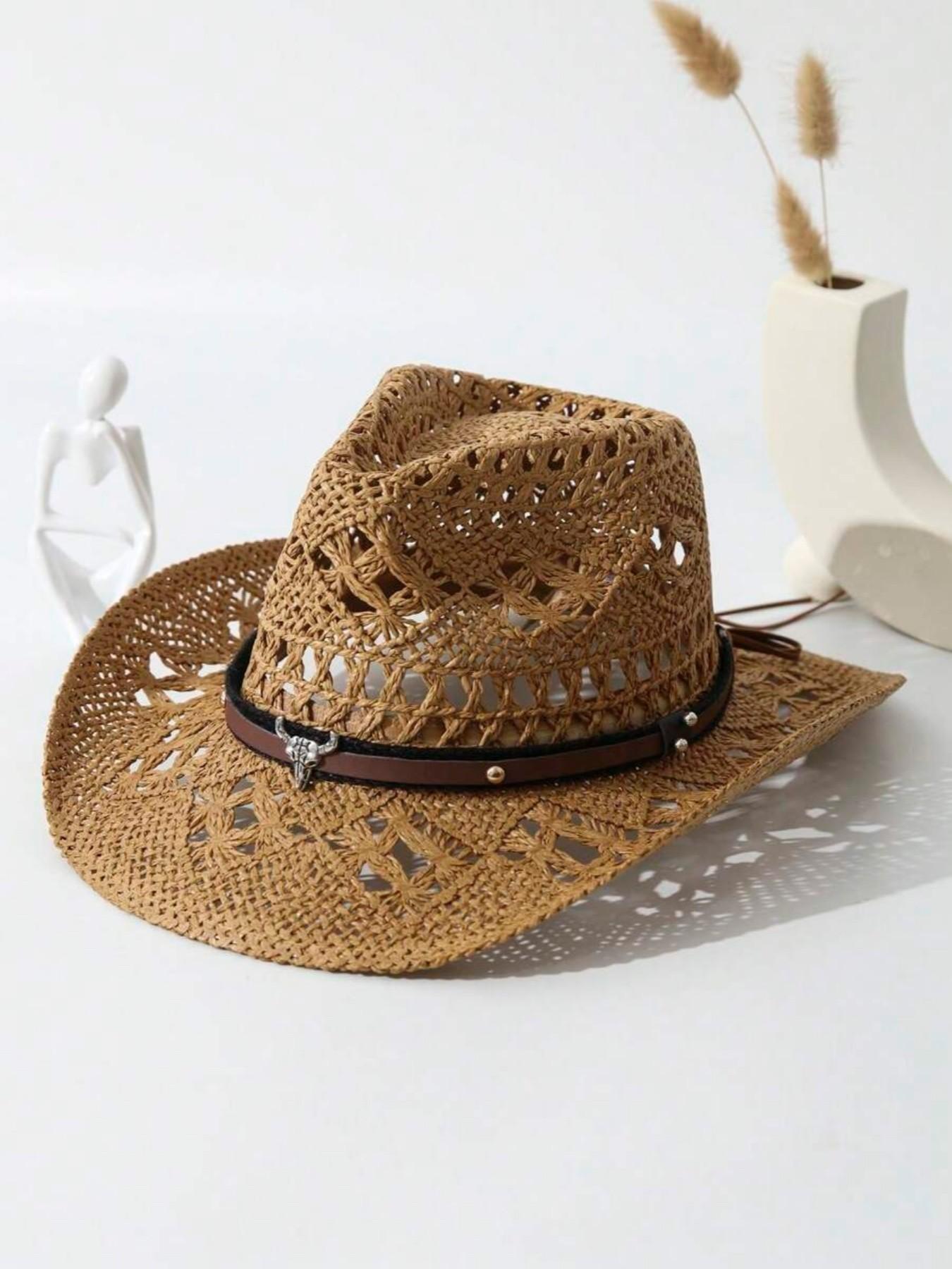 Women's Straw Pearl Shell Cowboy Hat, Foldable Beach Sun Protection Hat, Wide Brim Western Hat, Summer Fashion Accessory, Casual Hat