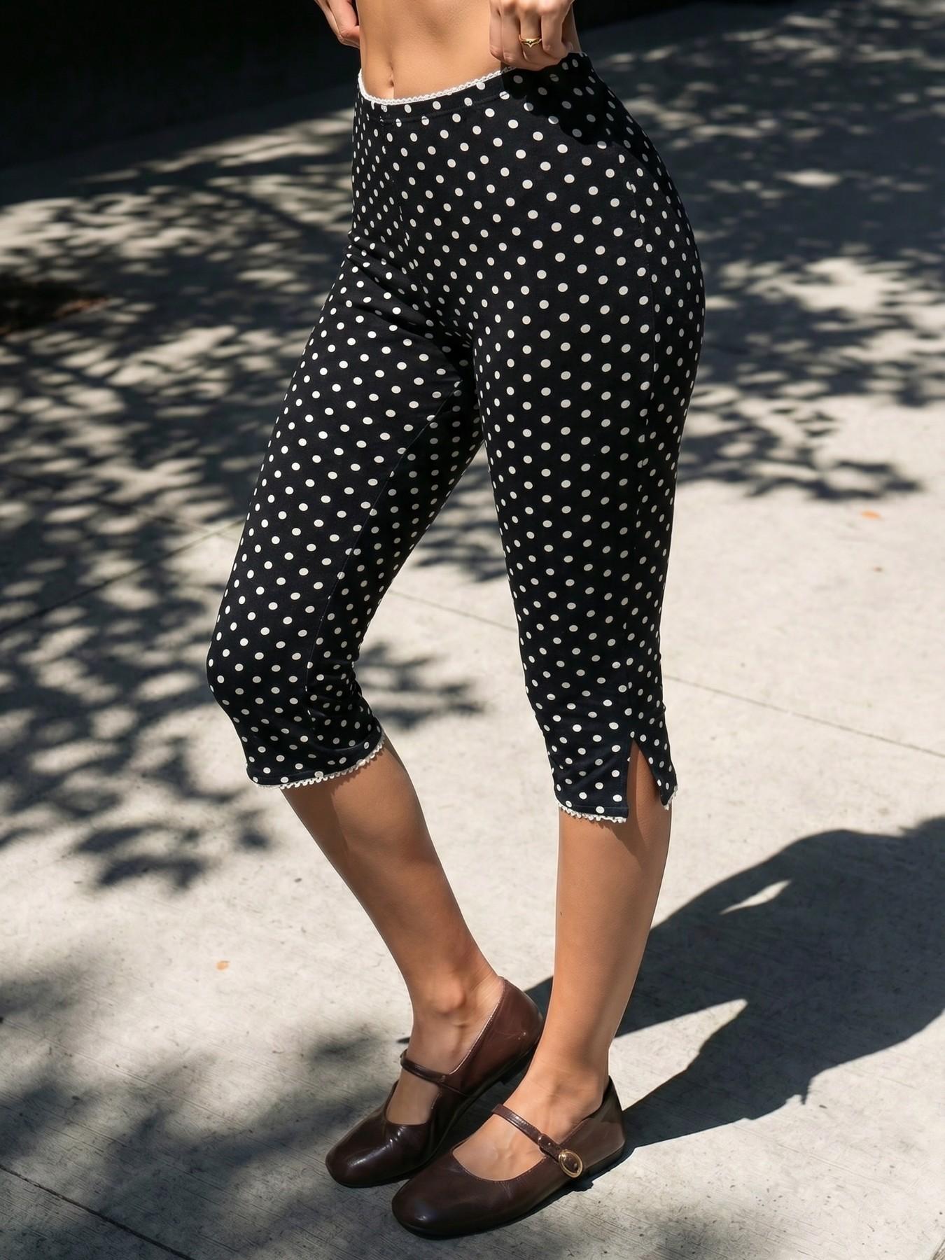 Women's Black White Polka Dot Lace Hem Capri Pants 2026 Y2K Retro High Waisted Slim Fit Casual Streetwear Summer Daily Trendy Going Out Stylish Bottoms Viral TikTok Fashion Essential
