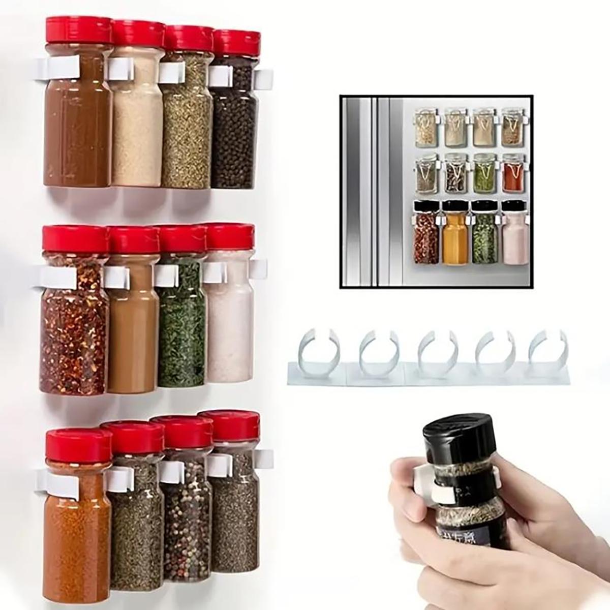 Wall Mounted Spice Storage Rack, 4 Rows Space Saving Seasoning Bottles Organizer, Simple Storage Holder Hook for Kitchen Cabinet, Refrigerator and Cupboard Door