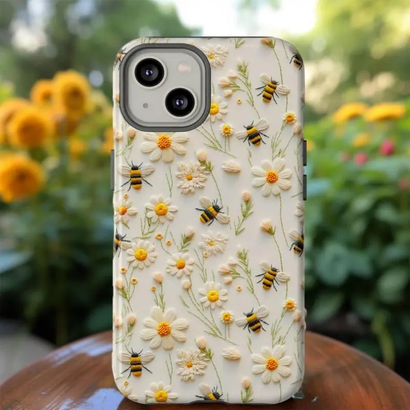 Embroidery Print Bumblebee Floral Smartphone Case - Durable Polycarbonate Shell, Shockproof Dropcushion TPU Phone Cover, Protection for iPhone 1/12/13/14/15/16/17 Pro Max/Air/Plus, Cellphone Casing for Bee Lovers