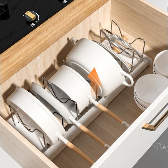 Expandable Pot and Pan Organizer Rack for Cabinet, Pot Lid Organizer Holder with 7 Stainless Steel Adjustable Dividers for Kitchen Cabinet Organizer and Storage (White)