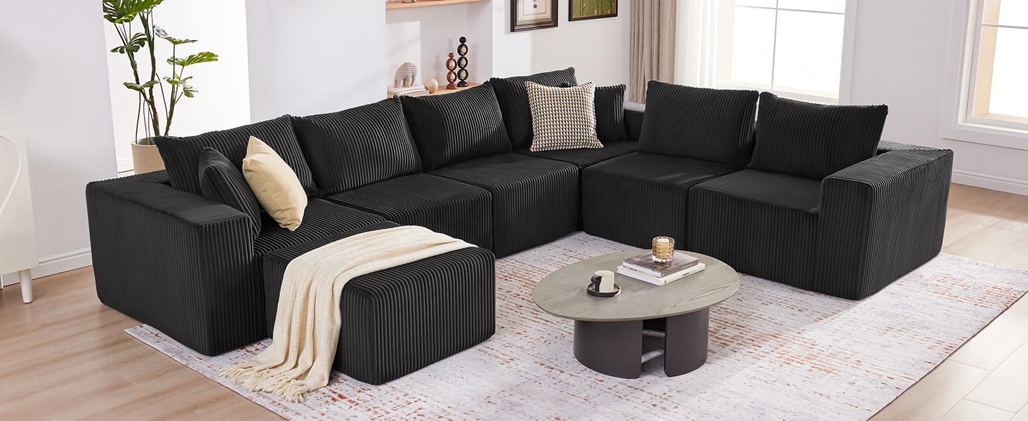 【4 packages】135.4" Cloud Couch Sectional, Sectional Sleeper Sofa with Deep Seat, Plush Corduroy U Shaped Boneless Couch, Convertible Modular Couches for Living Room, 7Seat