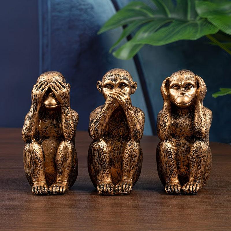 Three-piece non-toxic resin monkey sculpture, Animal Resin Figurine, suitable for use in living room, bedroom, dining room and as a tabletop decoration item for home decoration.