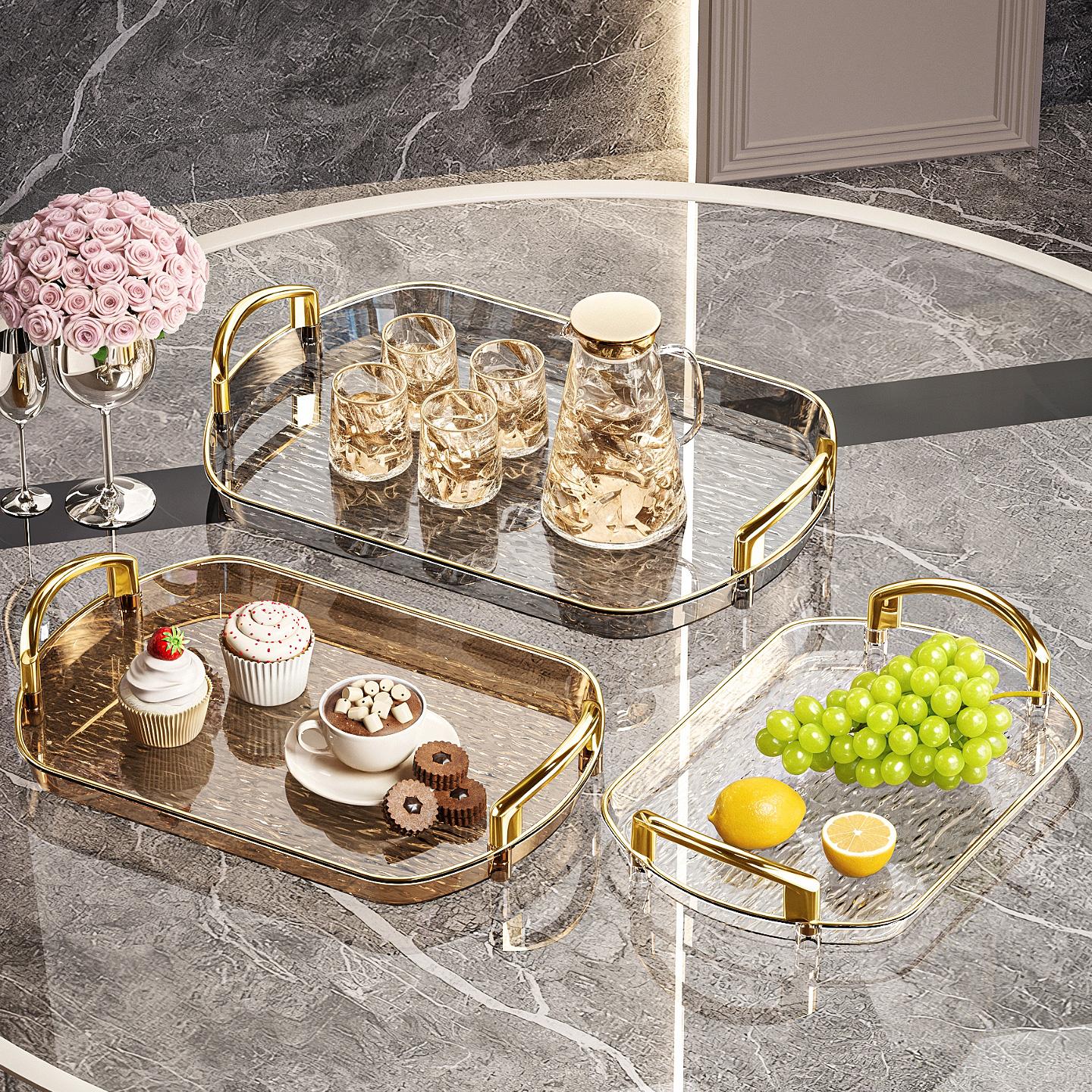 3 Pack Serving Tray with Handles, Stackable Reusable Trays for Serving Food, Plastic Serving Platters for Party, Charcuterie, Fruit, Appetizer