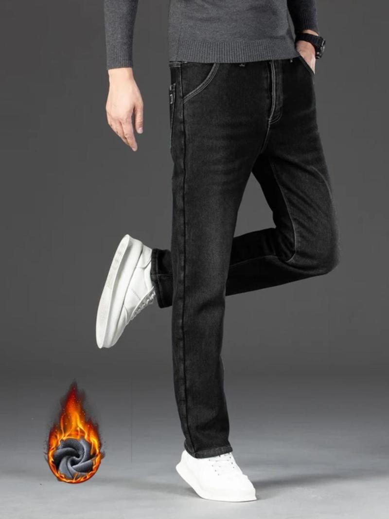 Men's Fleece Lined Denim Jeans, Loose Straight Leg Long Pants, Warm Cotton Elastic Autumn Winter Fashion, Versatile Casual Wear, Denim Clothing