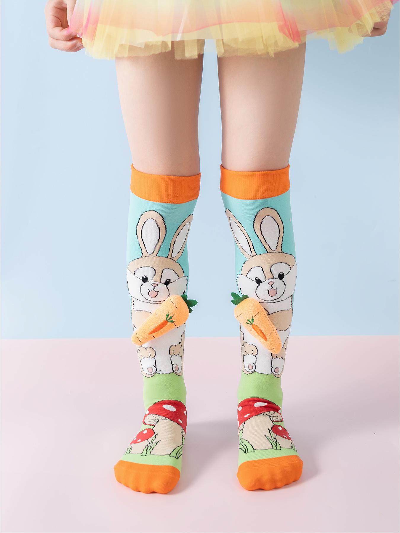 Cute Girls' Socks Set, Fun & Trendy Design, Stretchable Mid-Calf Novelty Socks, Perfect for Kids, Unique Style Footwear