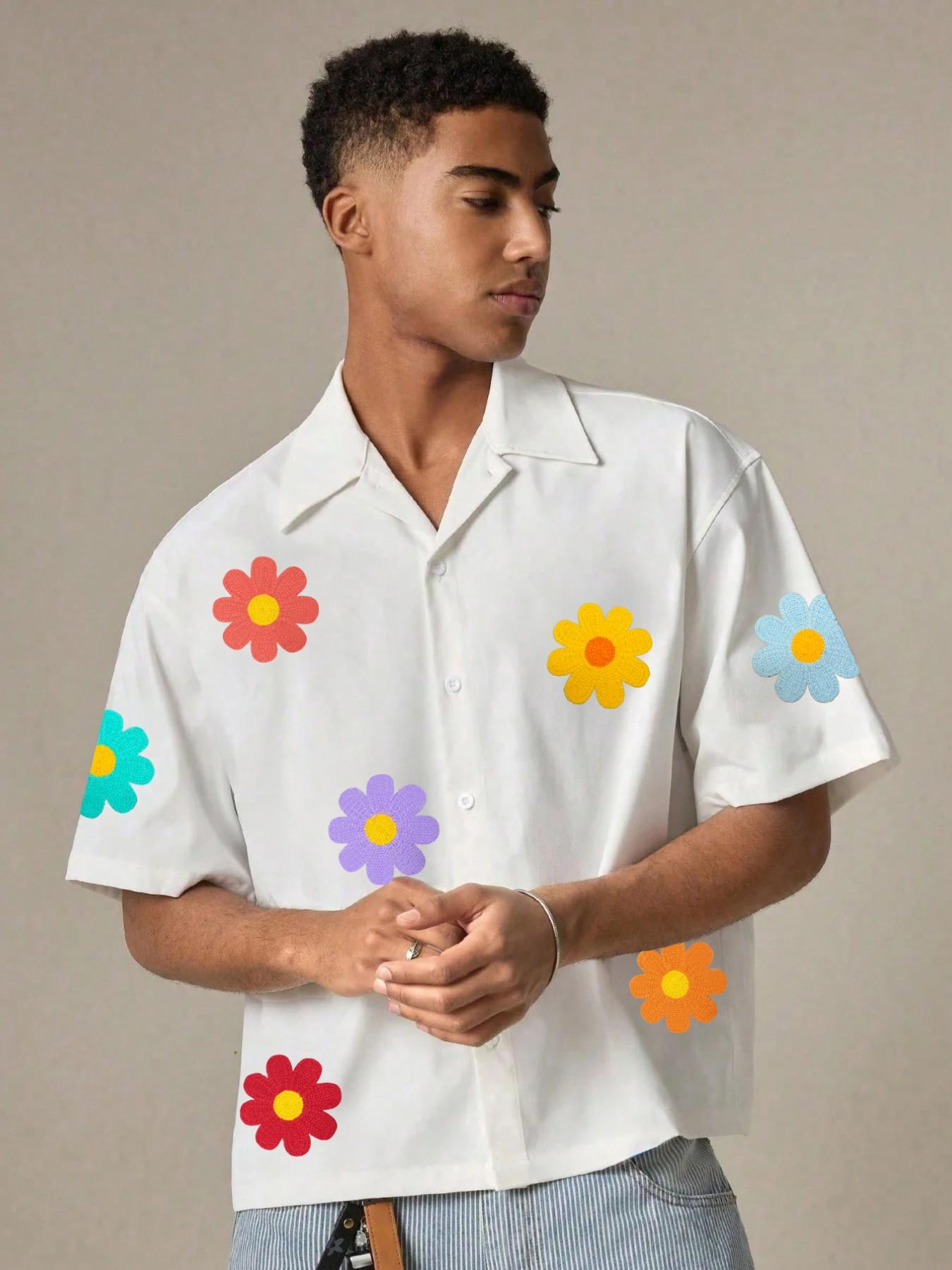 Unisex Colorful Daisy Embroidered Short Sleeve Shirt, American Style Loose Fit Collared Open Front Top, Couples Summer Casual Wear