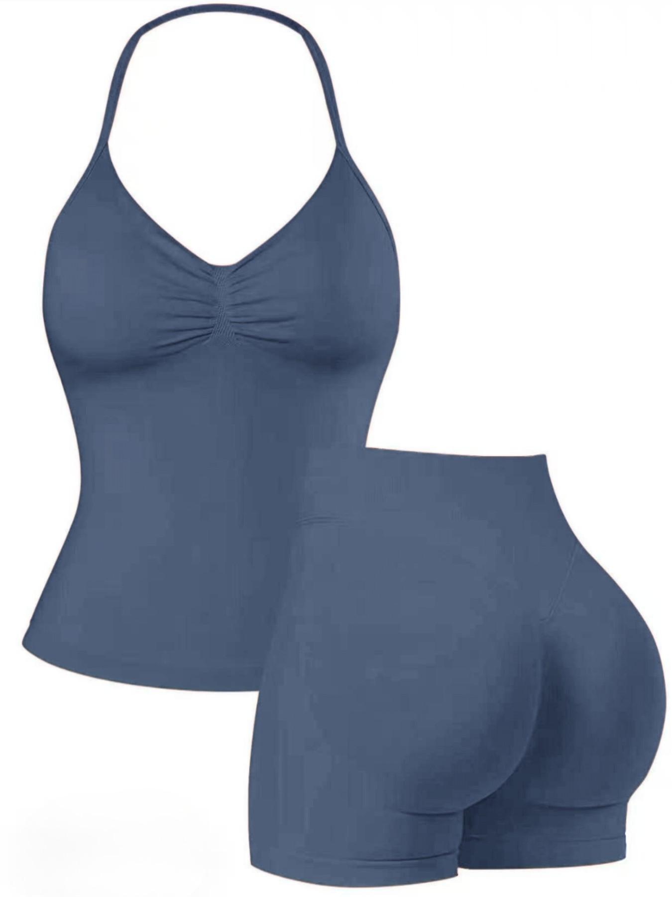 Women's Upgraded Square Neck Halter Sports Tank Top and High Waist Shorts Sporty Set, Sportswear, Yoga Clothes, Perfect for Yoga Fitness Party