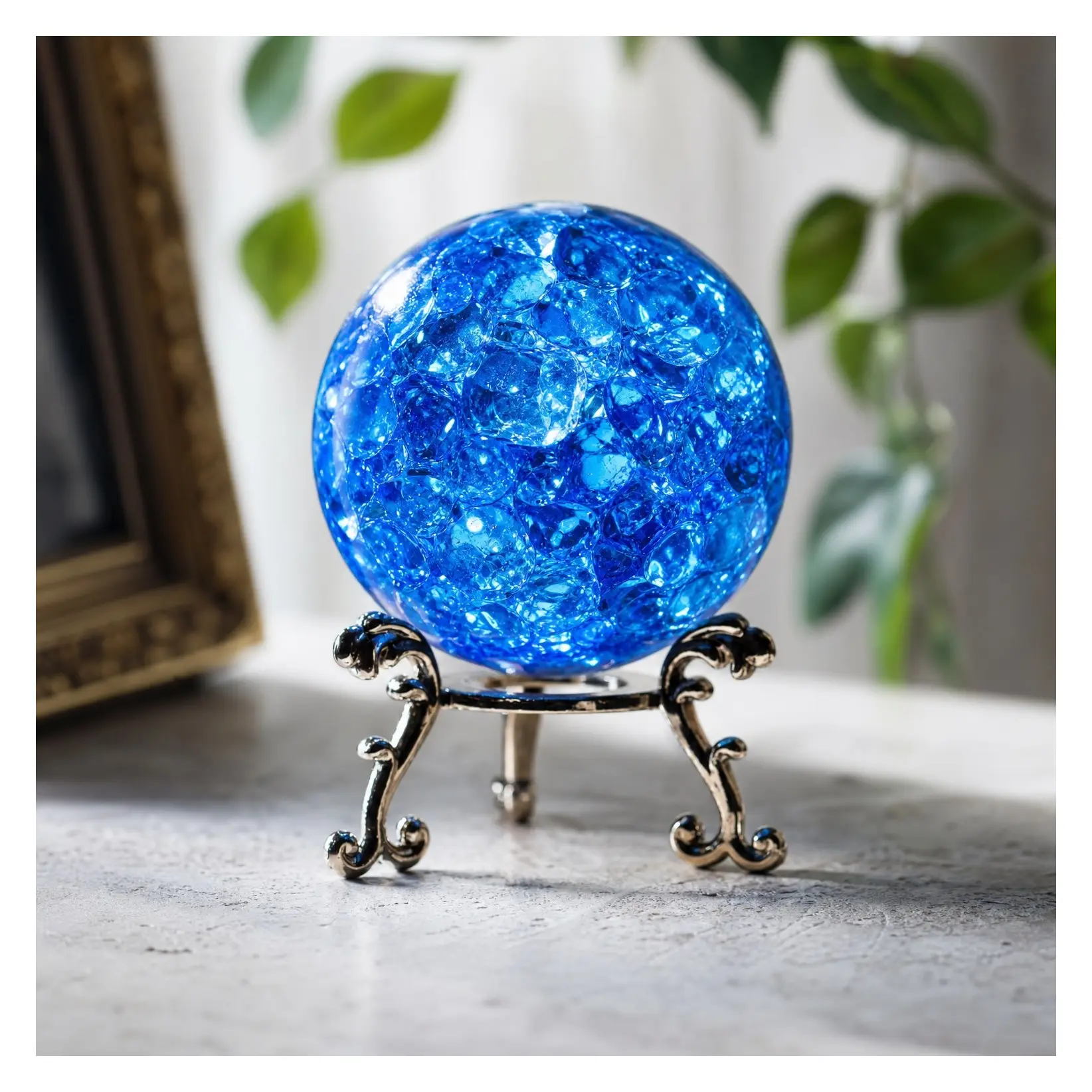 60mm Ice Cracked Crystal Ball Paperweight with Stand - Blue Glass Sphere Decorative Ornament for Table, Christmas Home DecorGift