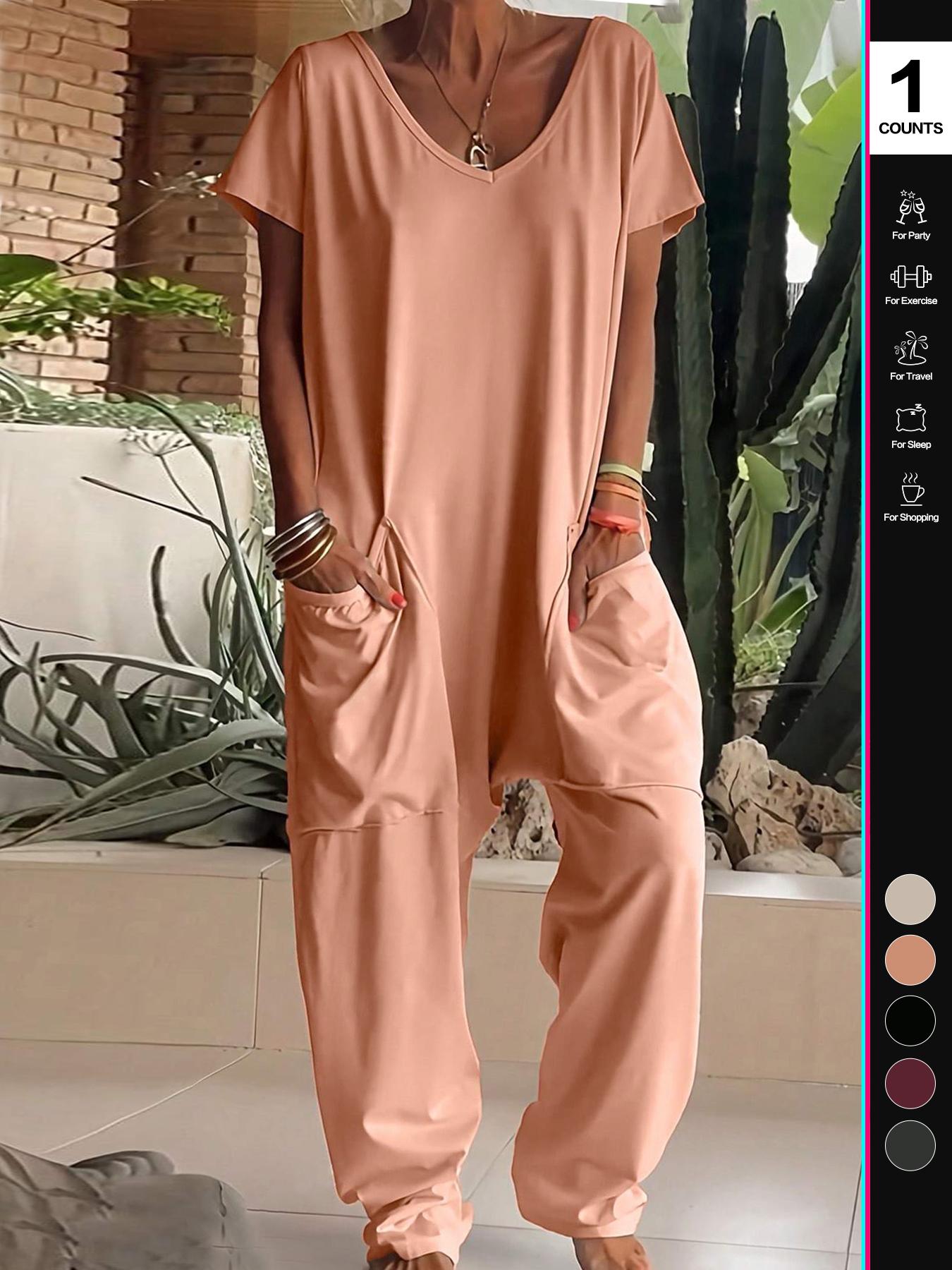 2026 Women's Casual Jumpsuit, Short-Sleeve V-Neck Harem Pants, Loose Fit Wide Leg, Perfect for All Seasons, Stylish & Comfortable