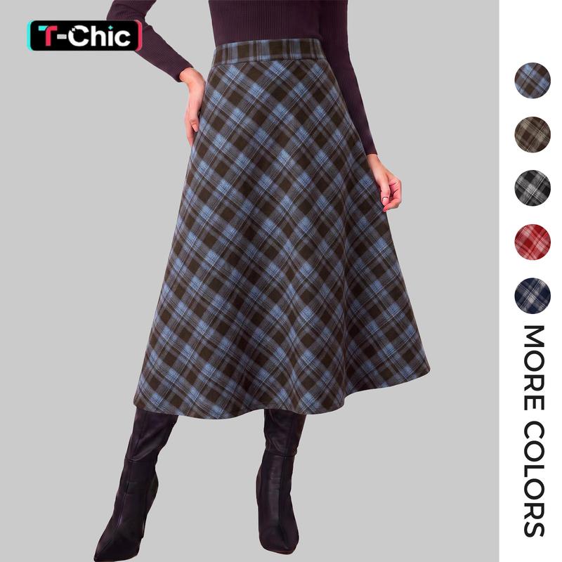 TANKANEO Women's Rayon Woven Chic Vintage Plaid Pleated A-Line Draped Midi Skirt - High Waist, High Elastic, Flowy, for New Year, Party, All Seasons Daily Casual Fall Wear; Check Size Chart, Avoid Strong Agitation