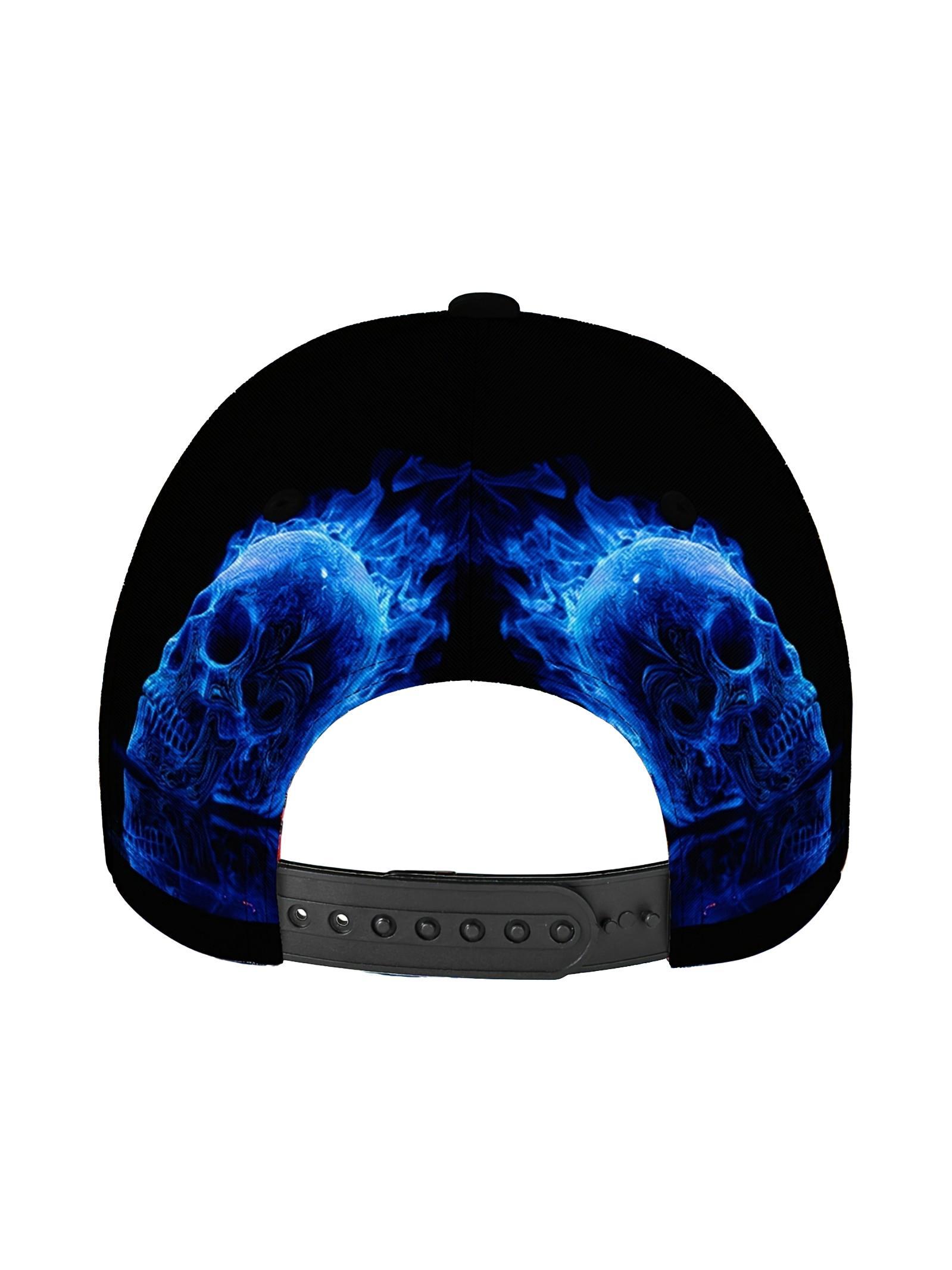 Adjustable Baseball Cap, Blue Flame Skull Print, Lightweight Polyester, Foldable Breathable, Unisex Casual Hat