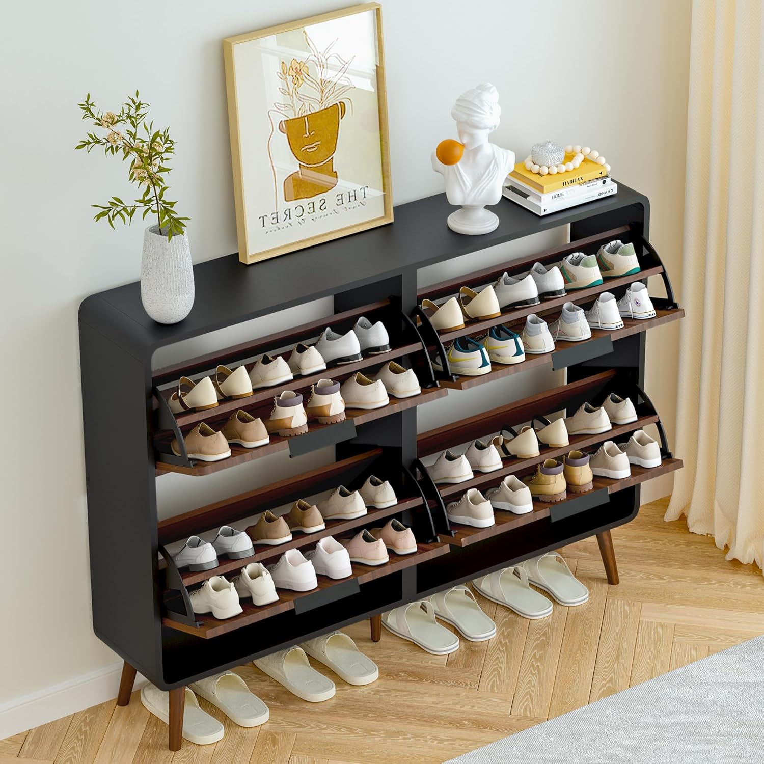 Giratree 47" Fluted Large Shoe Cabinet with 4 Flip Drawers, Slim Freestanding Shoe Cabinet Organizer, Narrow Shoes Storage Rack for Entryway, 5 Sturdy Legs Giratree 47" Fluted Large Shoe Cabinet with 4 Flip Drawers, Slim Freestanding Shoe Cabinet Organizer, Narrow Shoes Storage Rack for Entryway, 5 Sturdy Legs