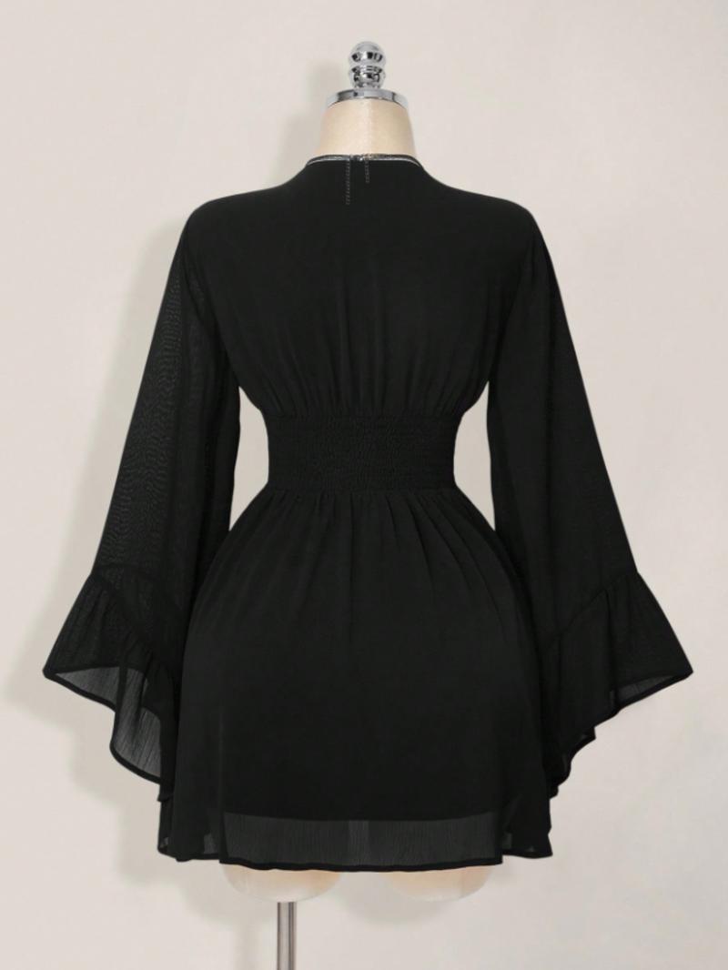 Women's Gothic Style V Neck Waist Cinched Dress, Elegant Long Sleeve Mini Dress, Autumn/winter Lantern Sleeve Dress