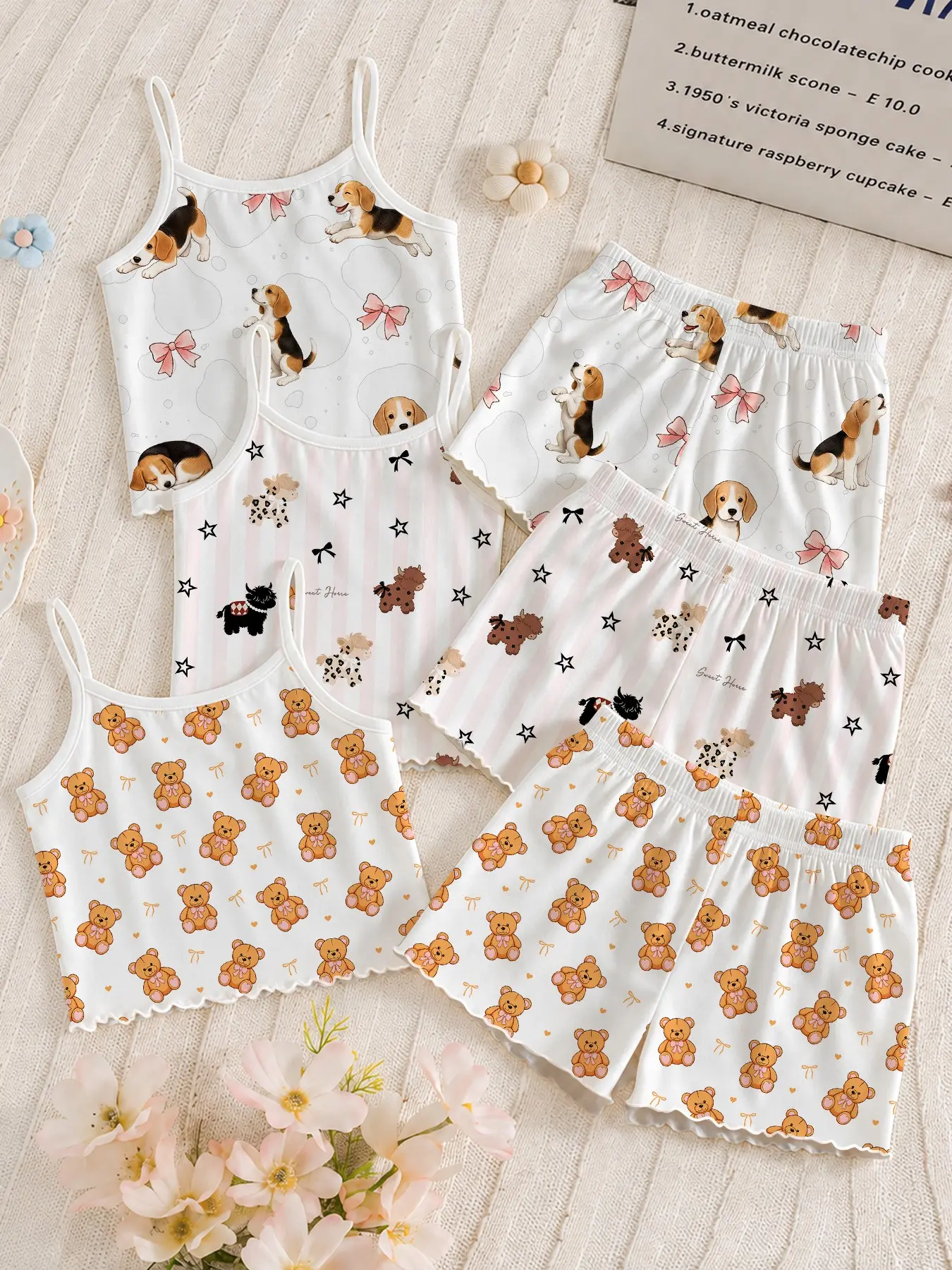 Strappy Top and Shorts Pajama Set (6-Piece), Casual Comfortable Home Sleepwear, Suitable for All Seasons, Relaxing Nightwear