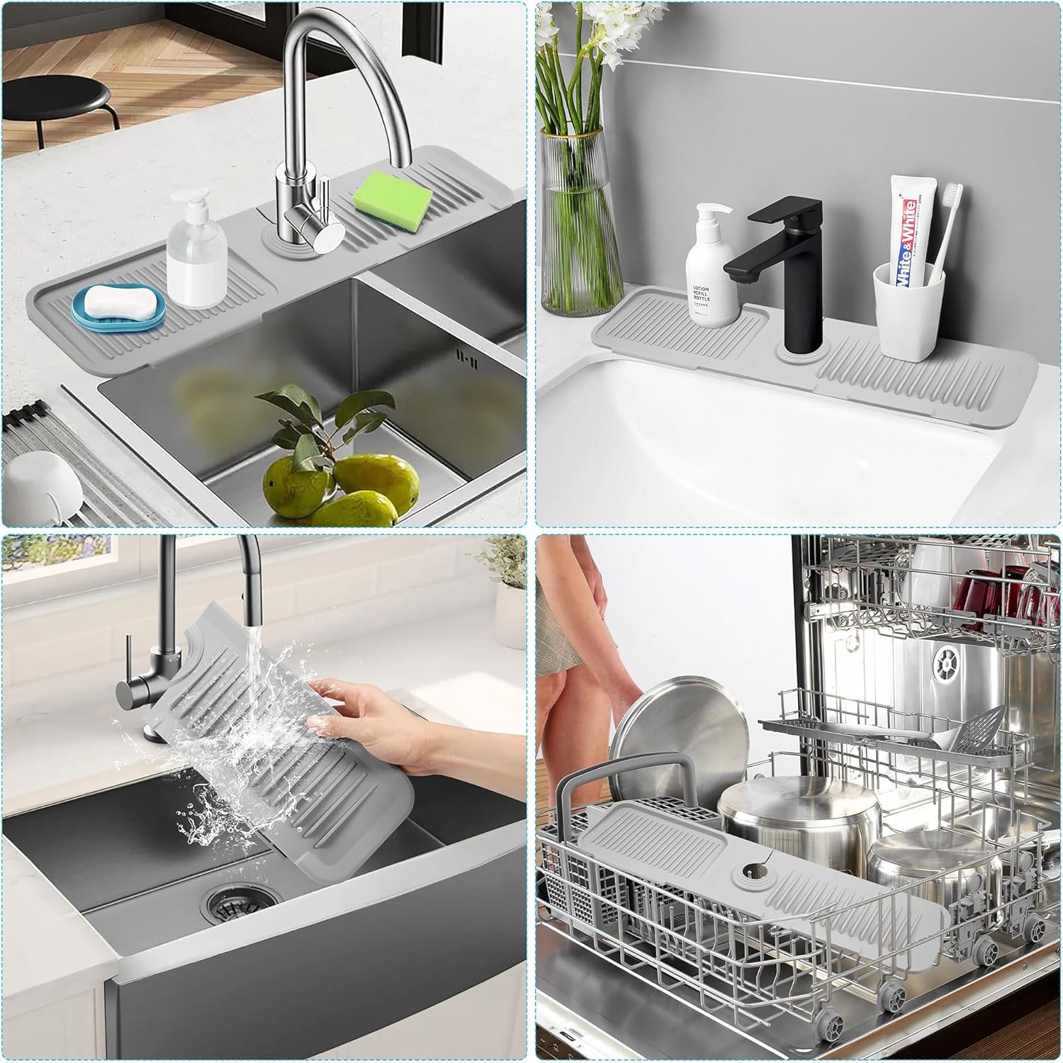 24 Inch Silicone Faucet Mat For Kitchen Sink, 5° Slope Fast Self-Draining Splash Guard, Longer Non-Slip Sink Protector, Easy Clean Kitchen Accessories, Home Organization & Countertop Protector