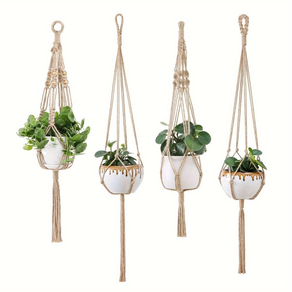 Boho Style 4-Pack Macrame Plant Hangers Set – Polyester Indoor Hanging Planter Holders with Versatile Lengths for Home & Garden Decor – No Feathers, Electricity-Free