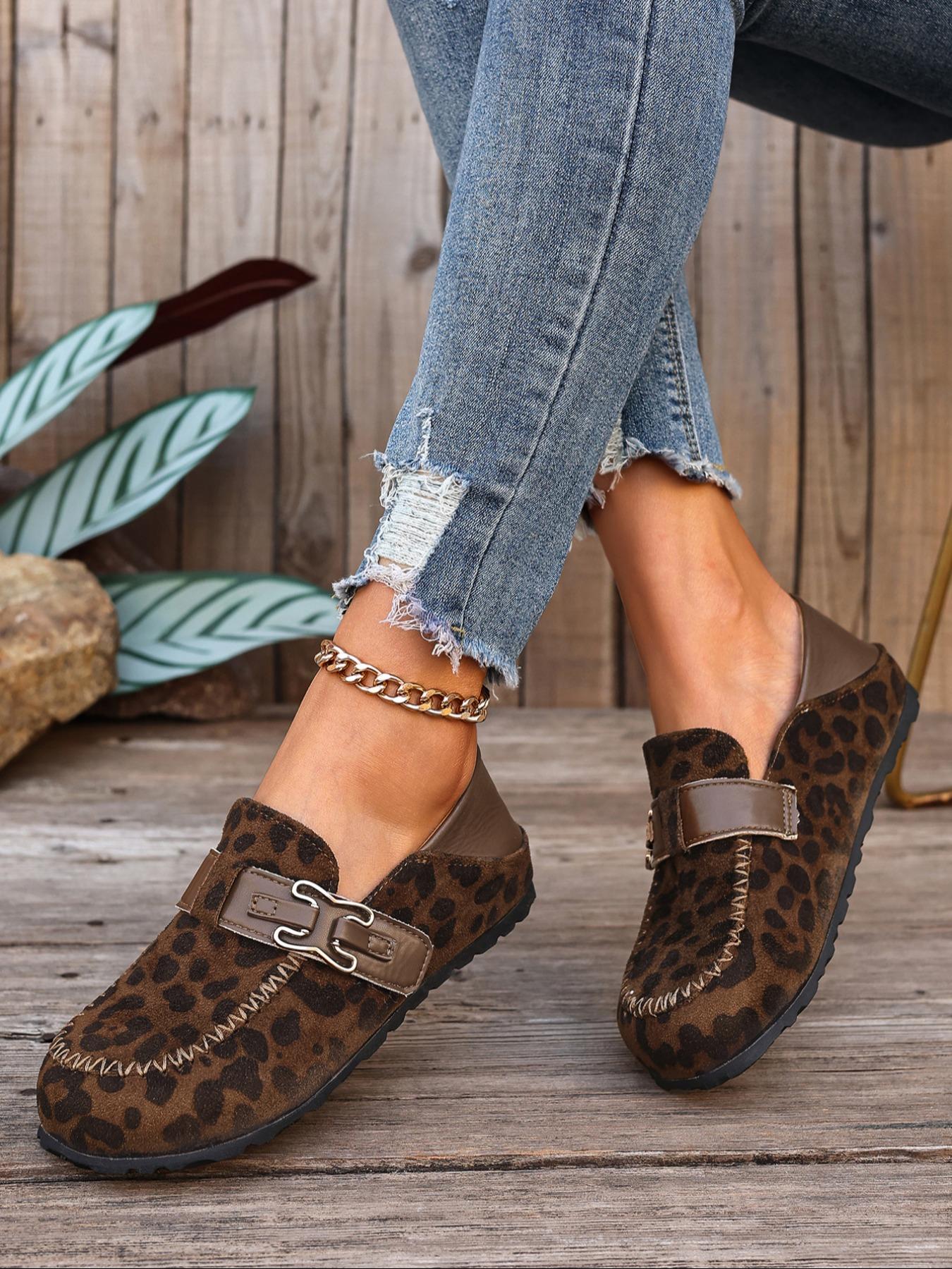 Women's Leopard Print Suede Mule Slippers, Metal Buckle Thick Sole, Retro Casual Half Slipper, Comfortable All Season Shoes