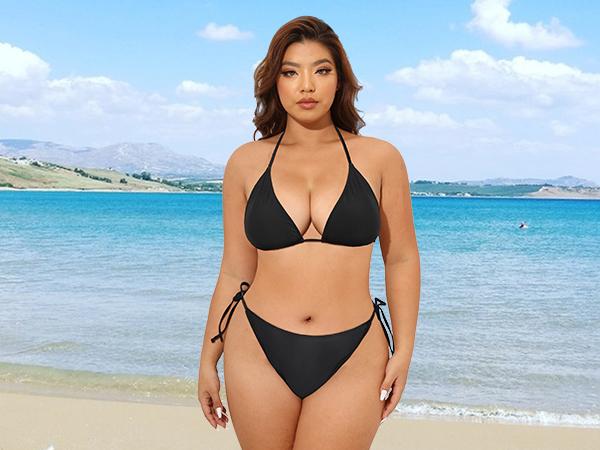 Tempt Me Women Plus Size Triangle Bikini String Two Piece Halter Tie Side Swimsuit Mid Waisted Bikini Sets for Women Plus Size Bathing Suit