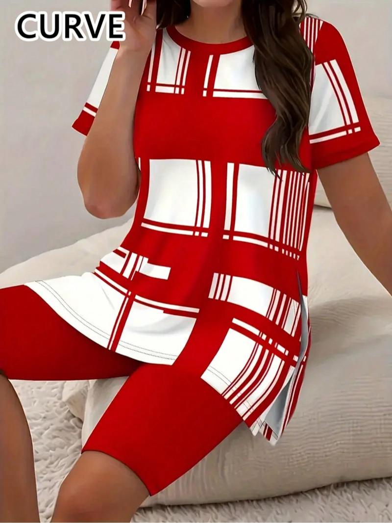 【Plus Size】 Short Sleeve Tee & Skinny Shorts Two-Piece Set, Casual Round Neck T-shirt & Shorts, Women's Outfits for Summer