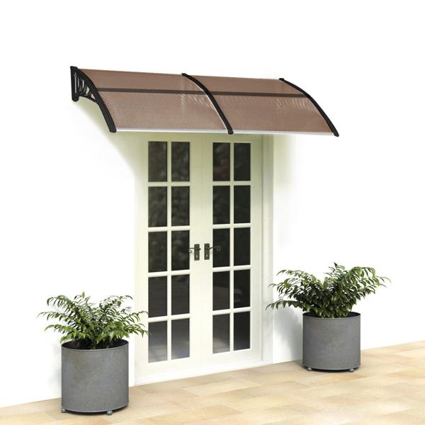Window Awning Door Canopy, Modern Polycarbonate Front Door Canopy, Patio Awning Canopy Window Door Cover for Rain Snow Sunlight Protection Hollow Sheet (80" x 40", Brown Canopy/Black Bracket)