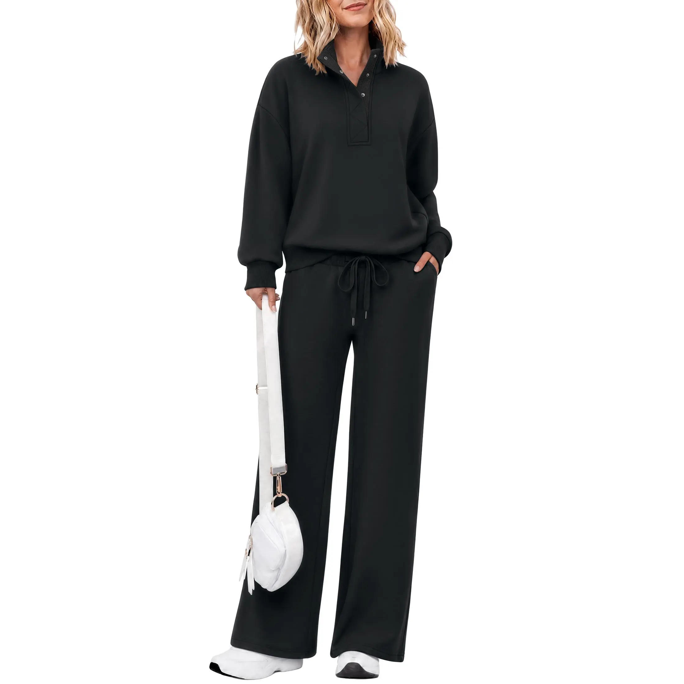 Casly Women's 2-Piece Lamiit Light Cotton Fabric Lounge Sweatsuit Set - Button Henley Pullover Sweatshirt, Wide-Leg Pockets Pants, Fleece-Lined Vest Tank Top for Fall Airport Casual Sports Outfits