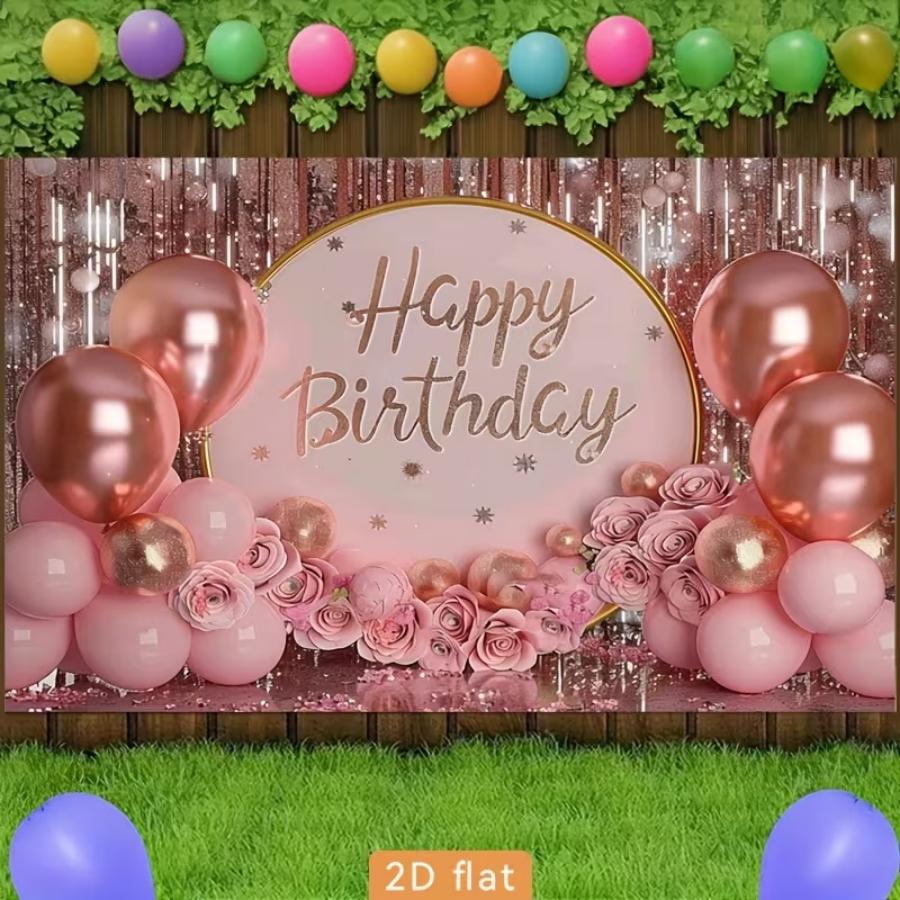 Pink birthday party backdrop banner with pink balloons and gift box elements. Made of polyester,suitable for living rooms, bedrooms, offices, birthdays, anniversaries, home décor, outdoor and indoor parties, photography backdrops, birthday party supplies