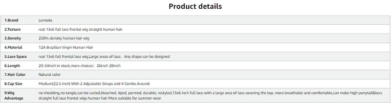 Lemoda 250% Density 13x6 Full Frontal Lace Wigs Human Hair HD Transparent Lace Wigs Human Hair 13x6 Full Wig Brazilian 12A Straight Wig Human Hair for Black Women 13x6 Frontal Wig Human Hair