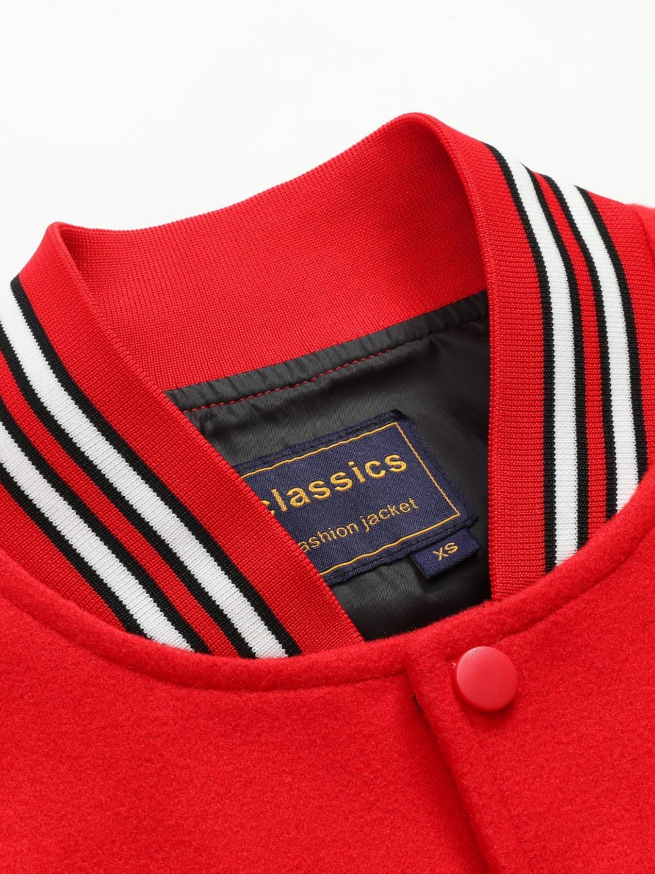 Men's Red Baseball Jacket Casual Loose Fashion High-End Letter Embroidered Jacket Button Front Black PU Long Sleeve College Style Streetwear Jackets Sportswear, Letter Print Jacket