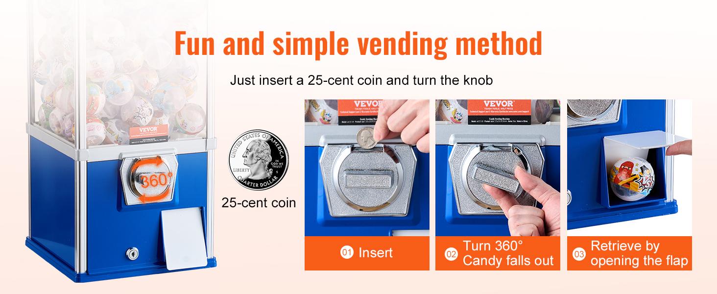 VEVOR Gumball Machine for Kids, 25 Height Home Vending Machine, PS Bouncy Balls Dispenser, Hold 230 Capsule Toys, Rectangle Bubble Gum Machine for Game Stores, Coin Operated Gumball Bank, Blue