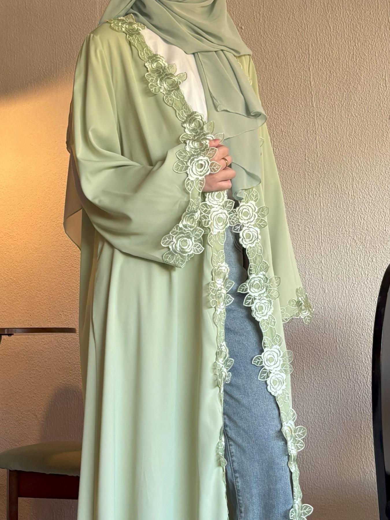 Elegant Floral with Headscarf, Comfortable Open Front Long Robe, Abaya Hijab Set, Perfect for Parties, Vacations, Ramadan, and Festivals