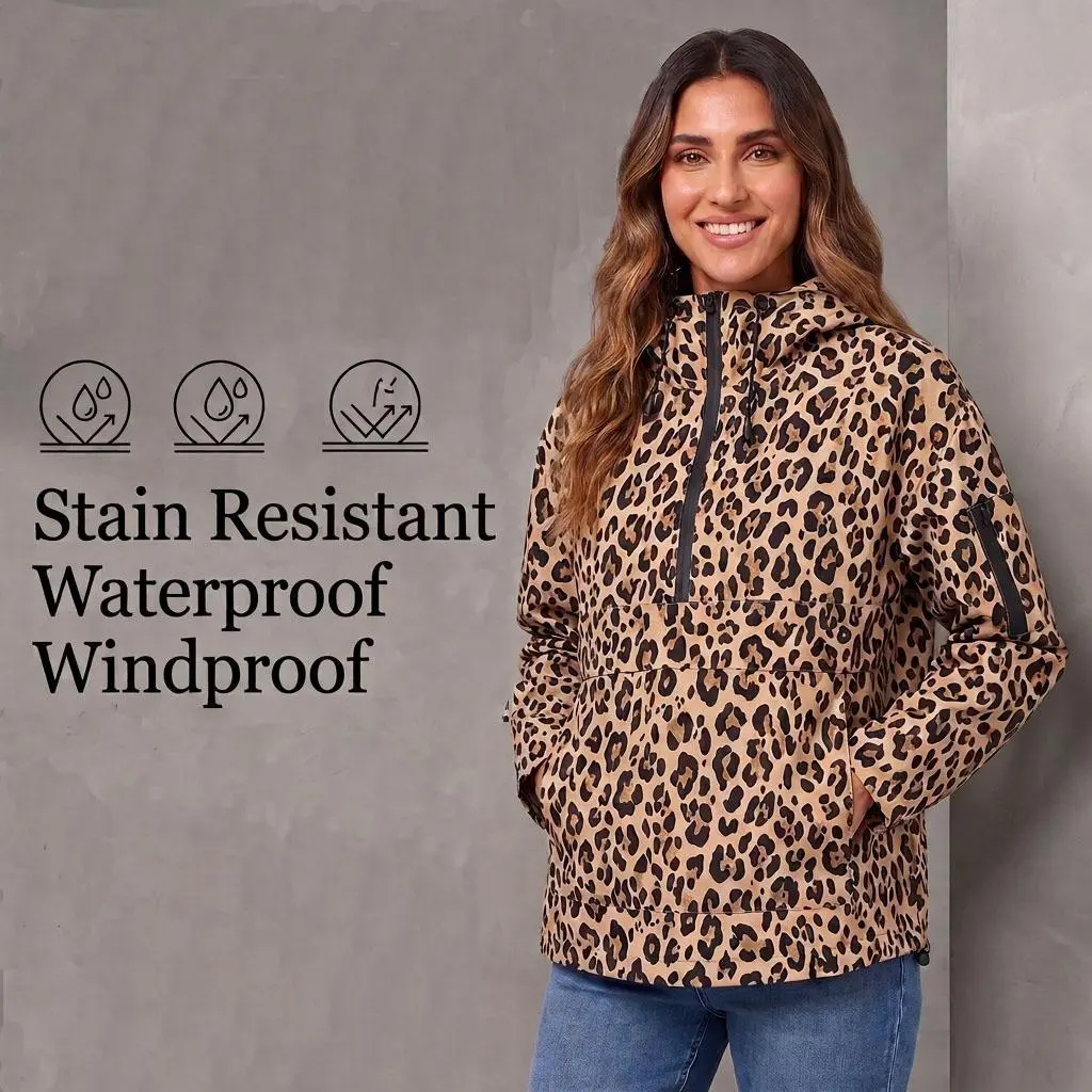 VVZ 2026 Women's Waterproof Half-Zip Hooded Anorak Jacket, Trendy Windproof Stain Resistant Outerwear, Casual Fall Winter Daily Outdoor Coat