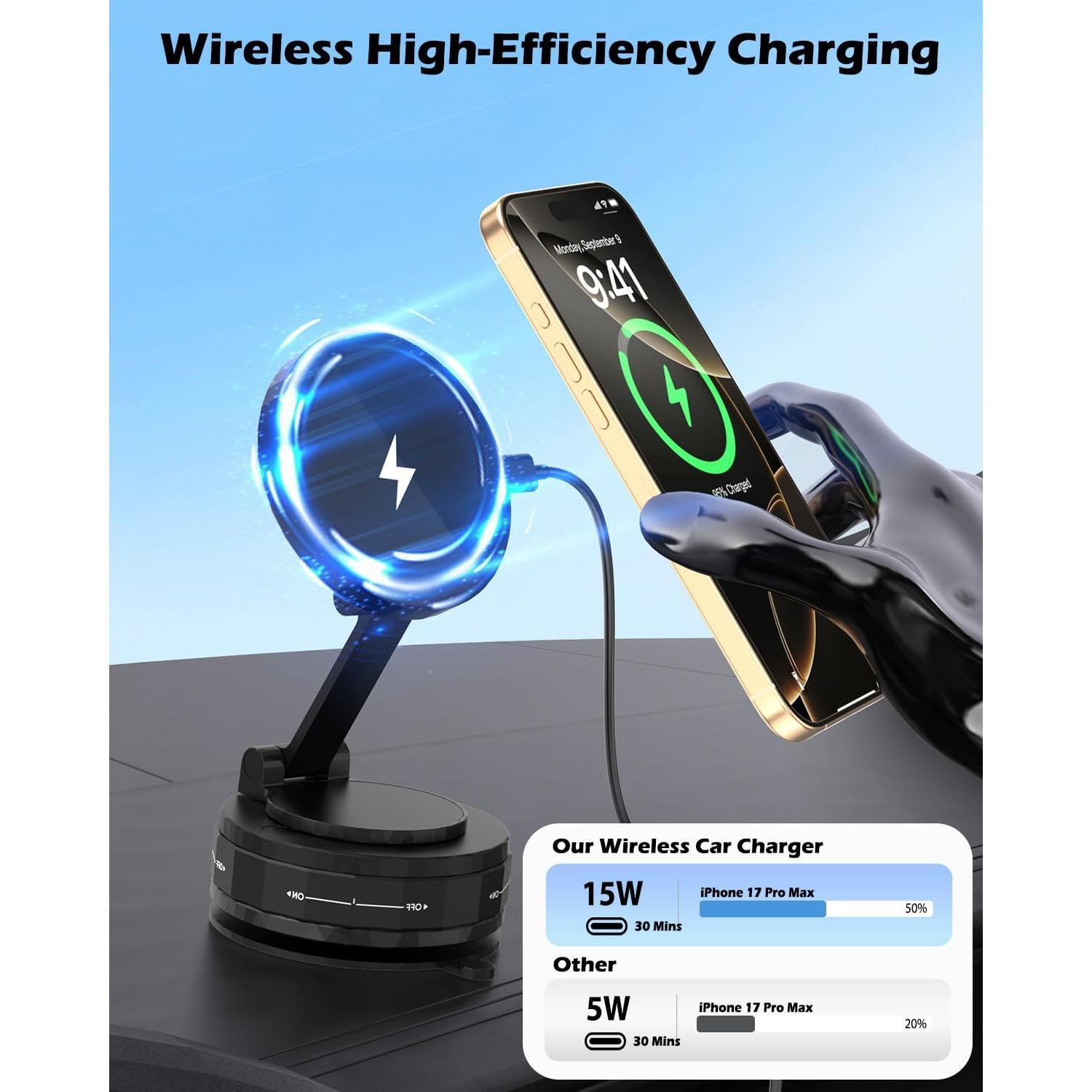 15W Power MagSafe Car Charger - 360° Rotation Adjustable Phone Holder with Strong Suction Mount for Driving in Cars/Taxis, Compatible with iPhone 17 Pro Max 16 15 14 13, Phone Charging