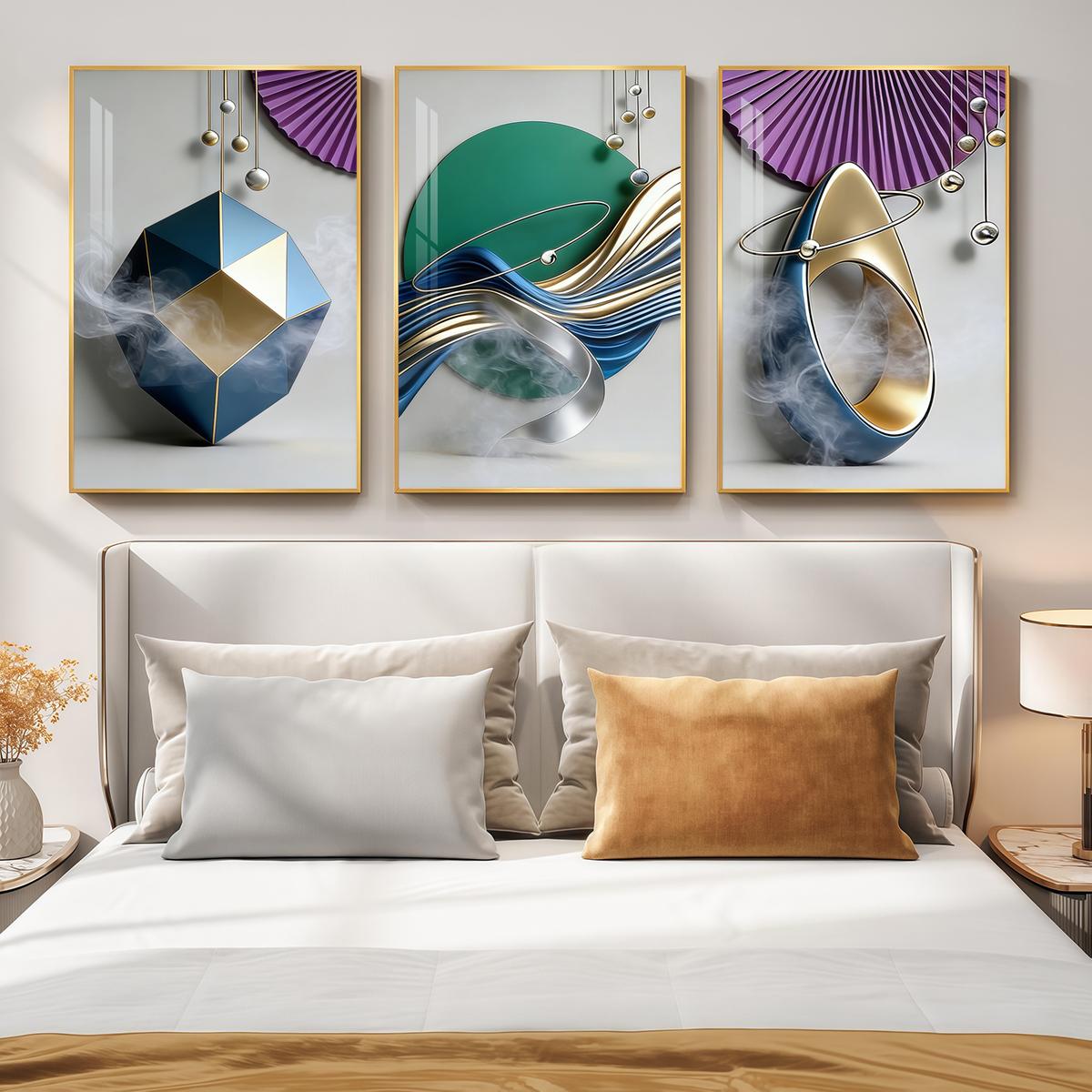 3 Counts Aluminum Alloy Framed Painting, Geometric Abstract Metallic Shapes And Smoke Art Pictures, Home Decoration For Living Room, Bedroom, Office, Restaurant, Hallway Wall Decor, Odorless Print Artwork, Luxury Perfect Gift For Friends And Family