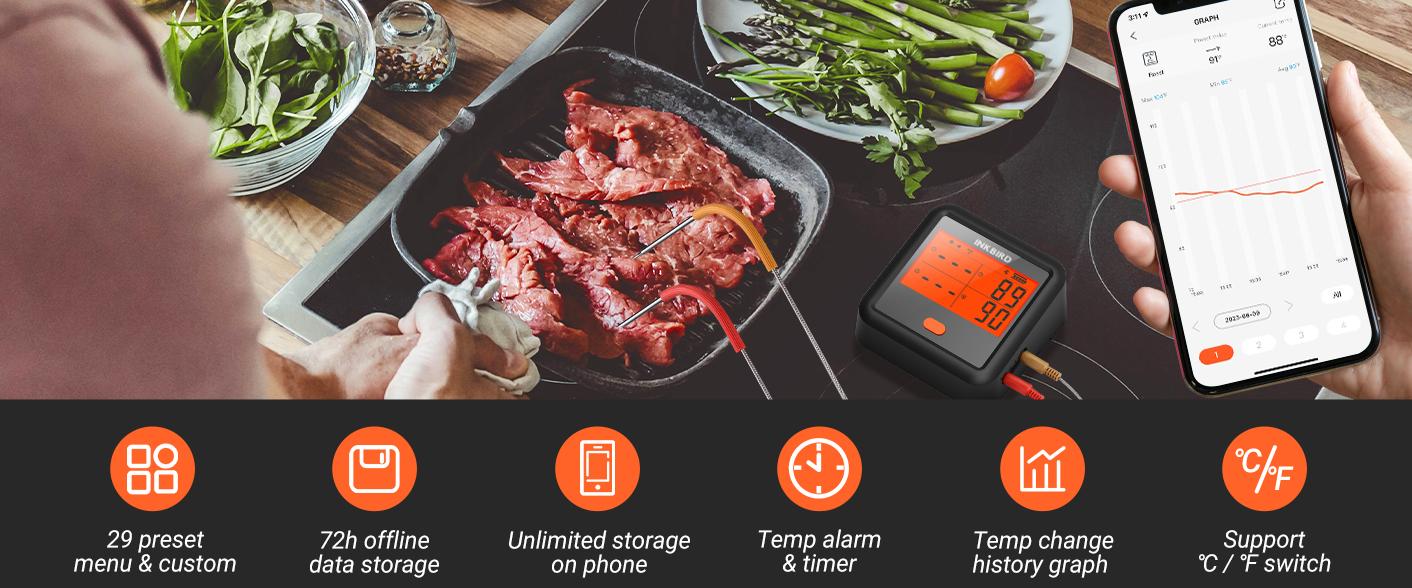 INKBIRD meat probe thermometer, wireless meat thermometer, 4-probe Bluetooth oven intelligent thermometer, suitable for grilling, frying, deep frying, cooking, with APP timer, kitchen utensils