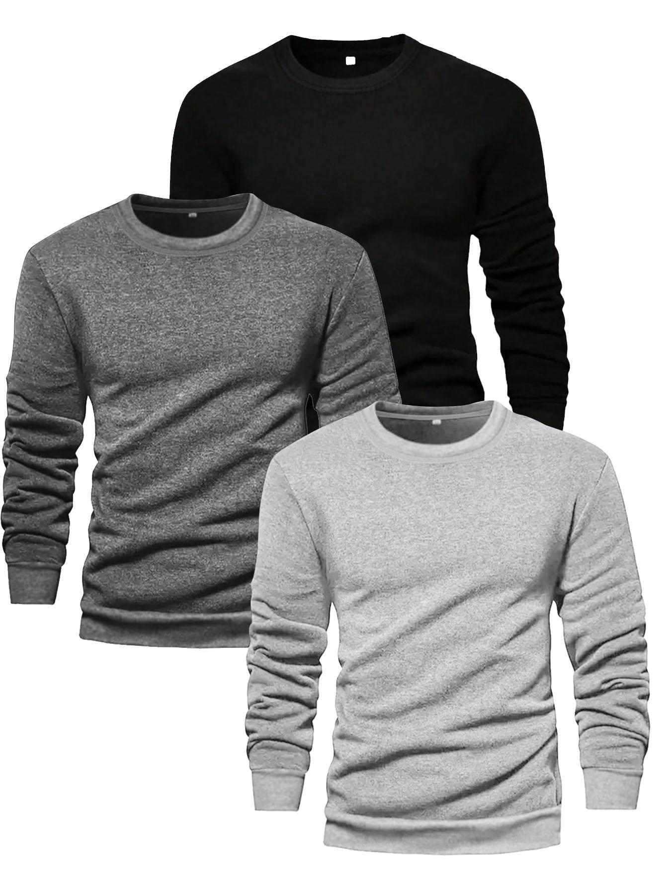 Men's Solid Plain Long Sleeve Crew Neck T-shirt, Casual Regular Fit Basic Round Neck Tee for Fall & Winter, Men's Clothes for Daily Wear
