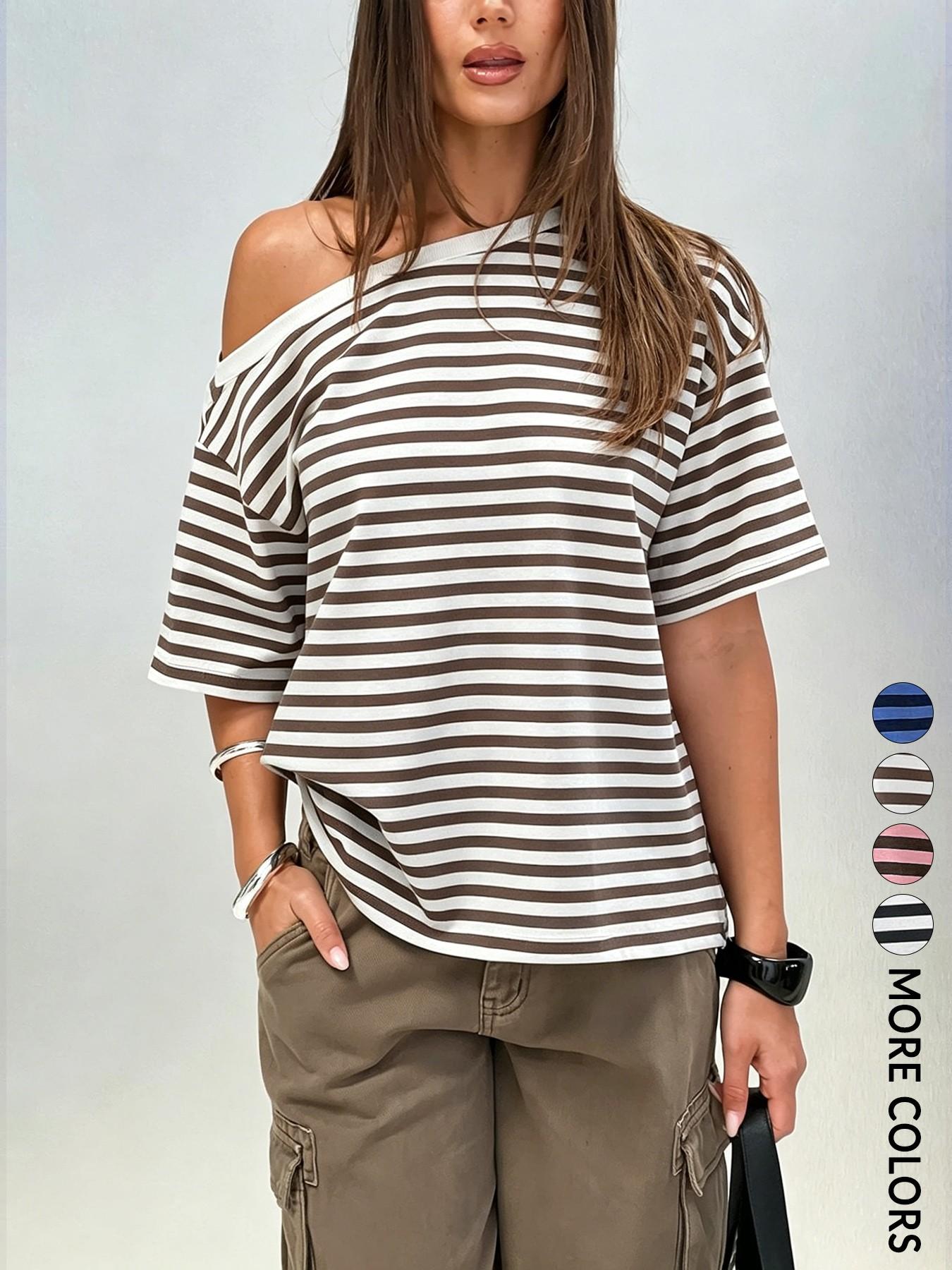 Women's Striped Off-Shoulder T-Shirt, Lightweight Casual Loose Fit Top, Comfortable Daily Wear, Trendy Summer Fashion
