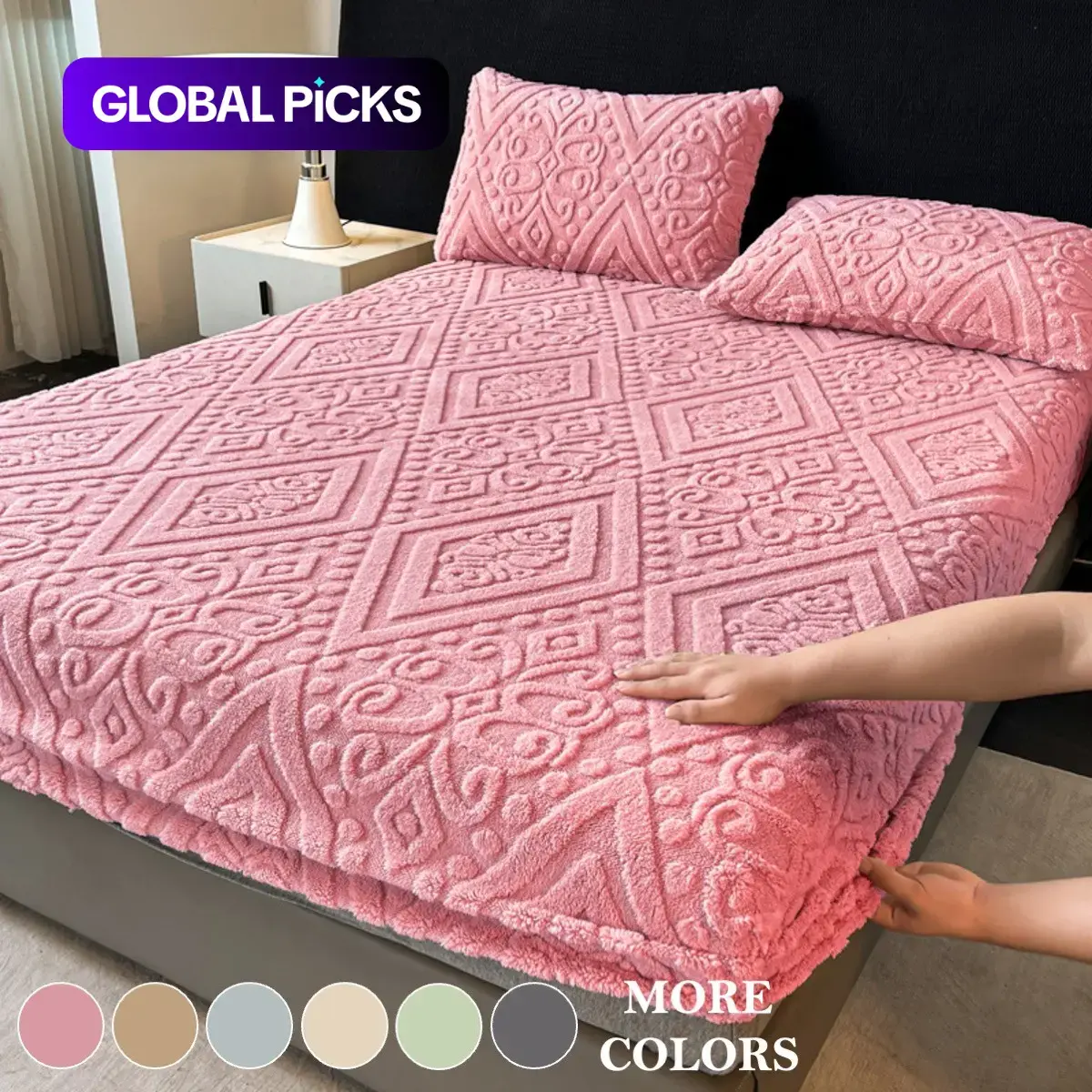 European Damask Embossed Plush Fleece Fitted Sheet Set, Soft Comfy Bedding, Ultra Soft Mattress Cover & Protector, Deep Pocket with All-Around Elastic, 2/3-Piece Bedding with 1 Fitted Sheet & 1-2 Pillowcases for Home #GLOBAL PICKS