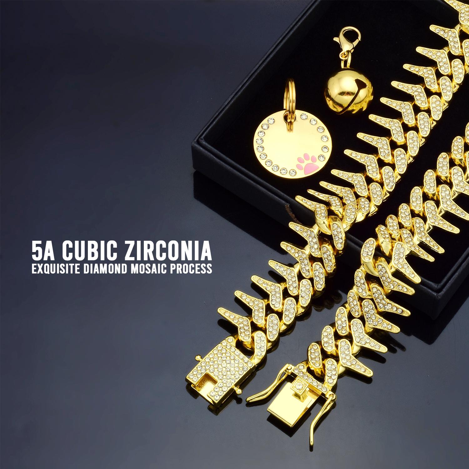 Rivet Cuban Link Dog Collar 13mm Gold Chain Dog Cat Collar with Design Secure Buckle Bling CZ Diamond Chain Dog Collars for Small Medium Large Dogs with Name Plate and Bell