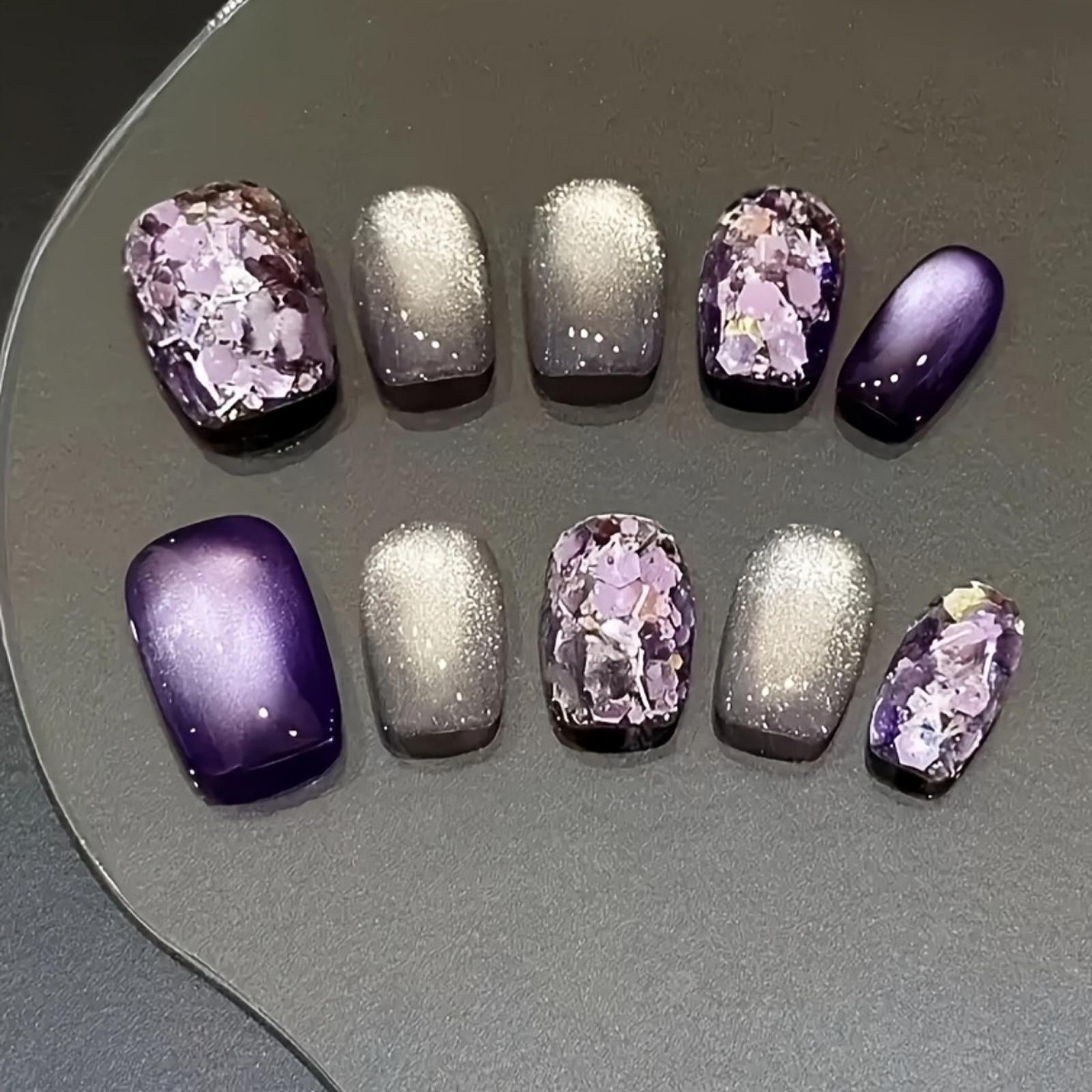 Obsessed With This Edgy Vibe! Custom Purple Grey Color Block Cat Eye Press On Fake Nails, Exquisite Hand-Painted Ice Shard Glitter & Silver Sand Design, TikTok Viral Blogger Favorite