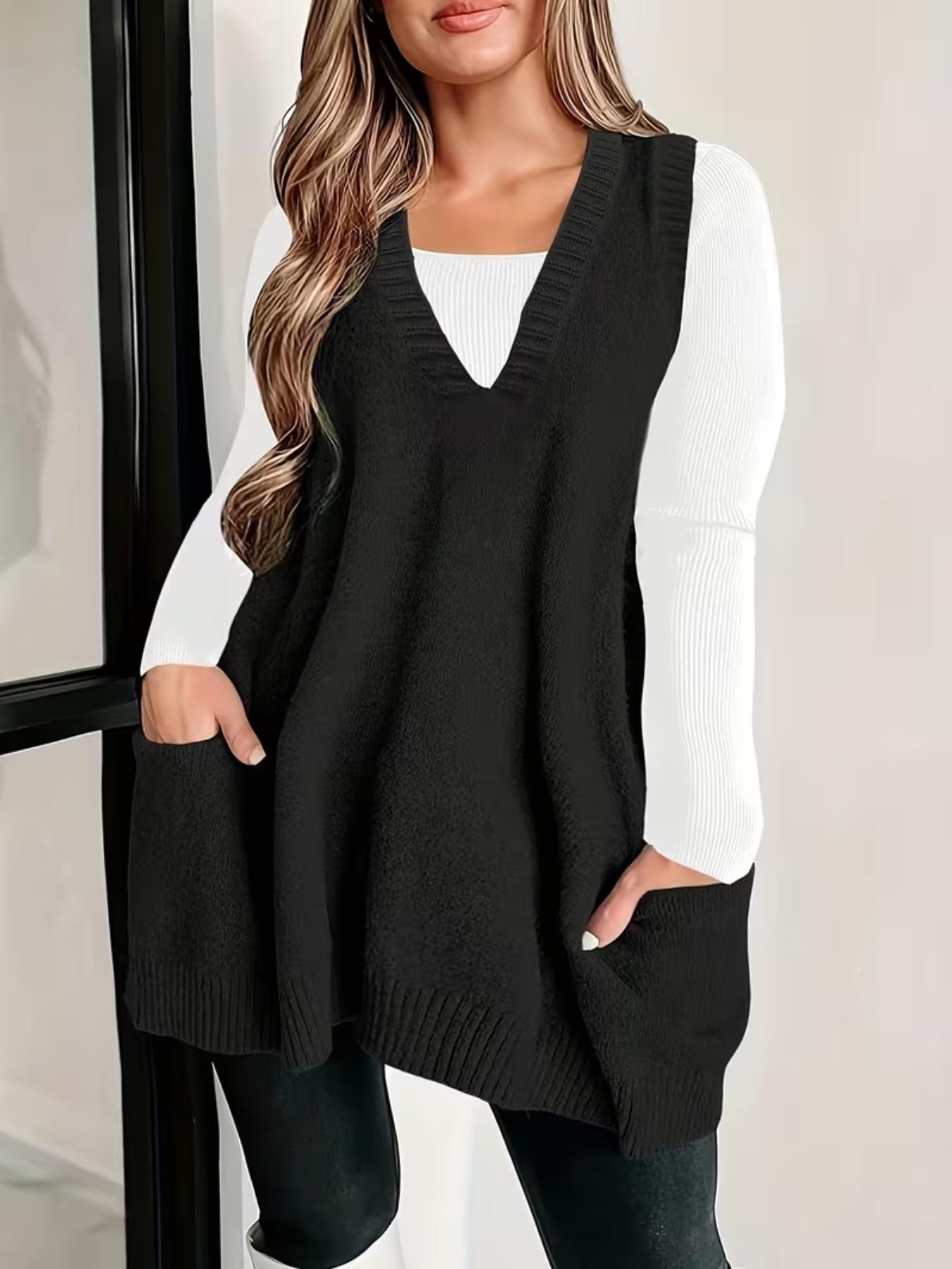 Plus Size Solid Color V Neck Sweater Vest, Casual Basic Sleeveless Knit Top for Daily Wear, Women's Plus Clothing Fit for All Seasons