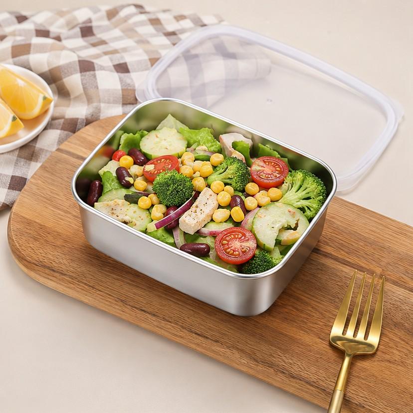 Stainless Steel Rectangular Tray with Lid – Thickened food-grade storage tray for steaming, serving and food preservation. Durable multi-purpose kitchen container, not microwave safe.