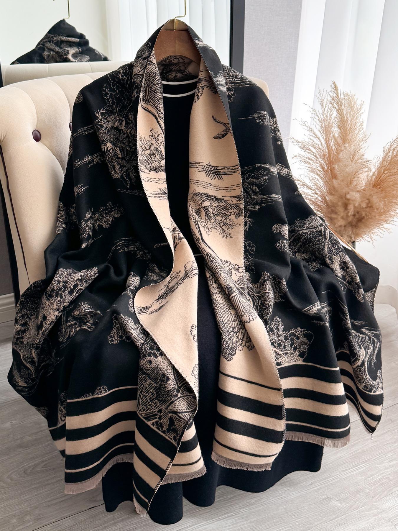 Women's Floral Pattern Raw Trim Shawl, Girlfriend Gifts, Imitation Cashmere Long Scarf, Casual Soft Warm Thick Double Sided Scarf for Fall & Winter, Fashion Accessories for Daily Wear