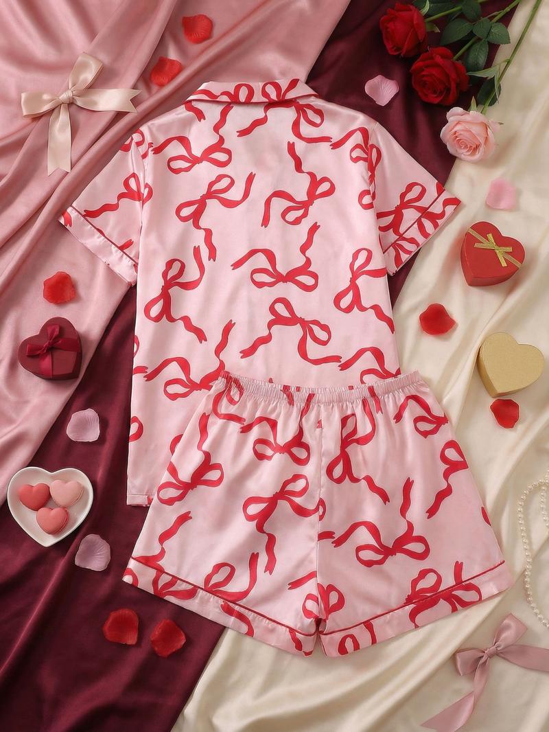 Elegant Women's Pajama Set, Bowknot Print Short Sleeve Top & Elastic Shorts, Valentine's Day Homewear, Casual Sleepwear