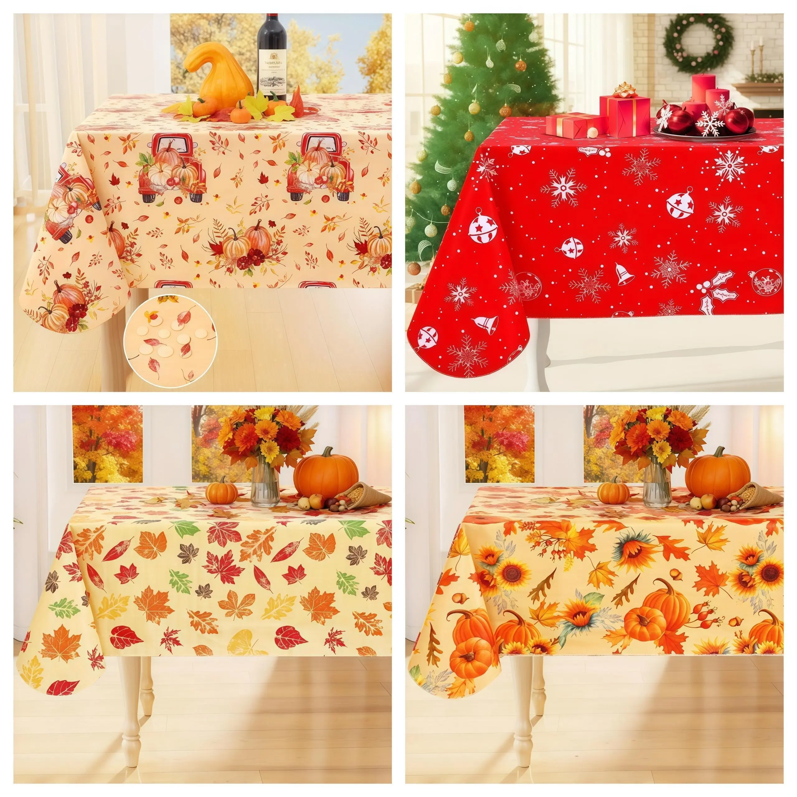 1pcs/3pcs/5pcs Rectangular Tablecloth with Flannel Backing, Vinyl Tablecloth That Can Be Wiped Clean, Autumn and Winter Themes Plastic Tablecloth Suitable for Harvest Festival and Thanksgiving Parties, Christmas Decorations